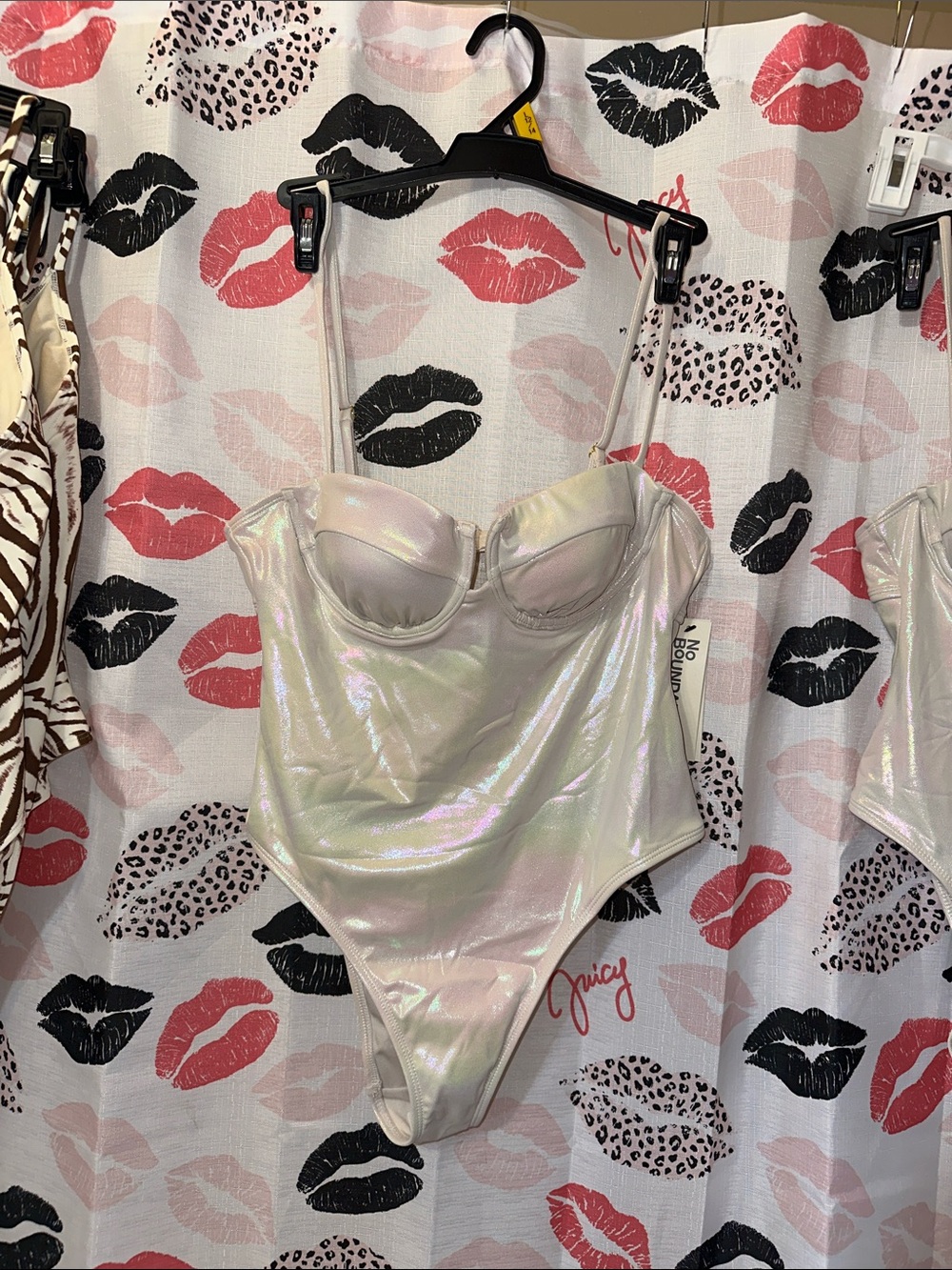 No Boundaries Iridescent White Shiny Bustier Bodysuit